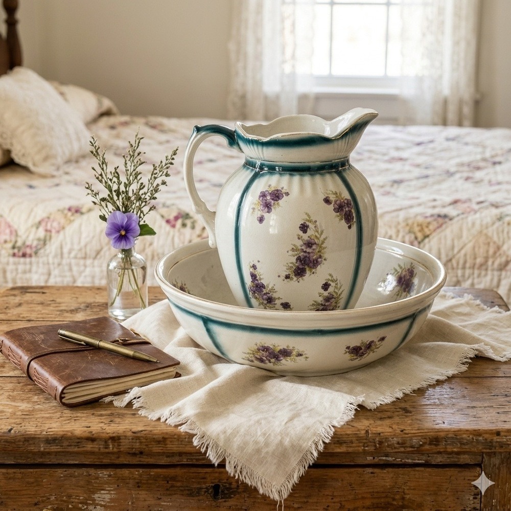 Antique Floral Pitcher and Basin Set Purple Pansy Teal Trim Victorian Ceramic
